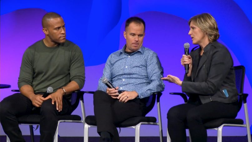 DeVon Franklin, from left, Jeff Lockyer and Danielle Strickland participate in a panel discussion with the Willow Creek Association near Chicago. Video screenshot