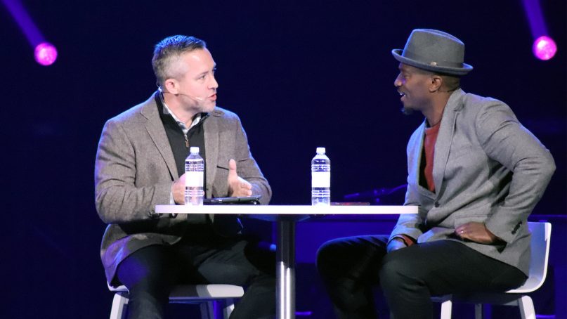 Southern Baptist Convention President J.D. Greear, left, discusses racial unity with Atlanta pastor Dhati Lewis, a vice president of the SBC’s North American Mission Board, during Evangelicals for Life on Jan. 17, 2019, in Washington. RNS photo by Adelle M. Banks