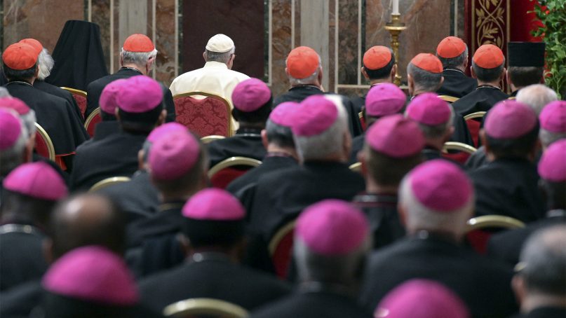 Pope Francis, background third from left, attends a penitential liturgy at the Vatican on Feb. 23, 2019. The pontiff hosted a four-day summit on preventing clergy sexual abuse, a high-stakes meeting designed to impress on Catholic bishops around the world that the problem is global and that there are consequences if they cover it up. (Vincenzo Pinto/Pool Photo Via AP)