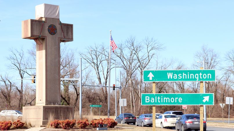 The 40-foot Bladensburg Peace Cross stands at an intersection in Bladensburg, Md., northeast of Washington, D.C. RNS photo by Adelle M. Banks
