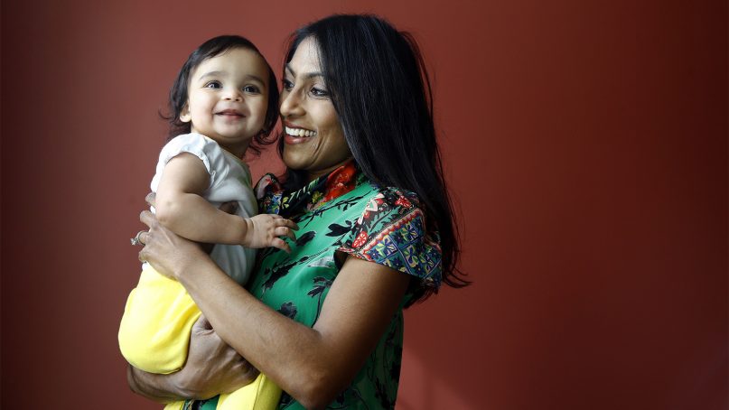 Krish O'Mara Vignarajah poses for a photograph with her daughter Alana at her home in Gaithersburg, Md., on March 27, 2018, during her Maryland gubernatorial campaign. (AP Photo/Patrick Semansky)