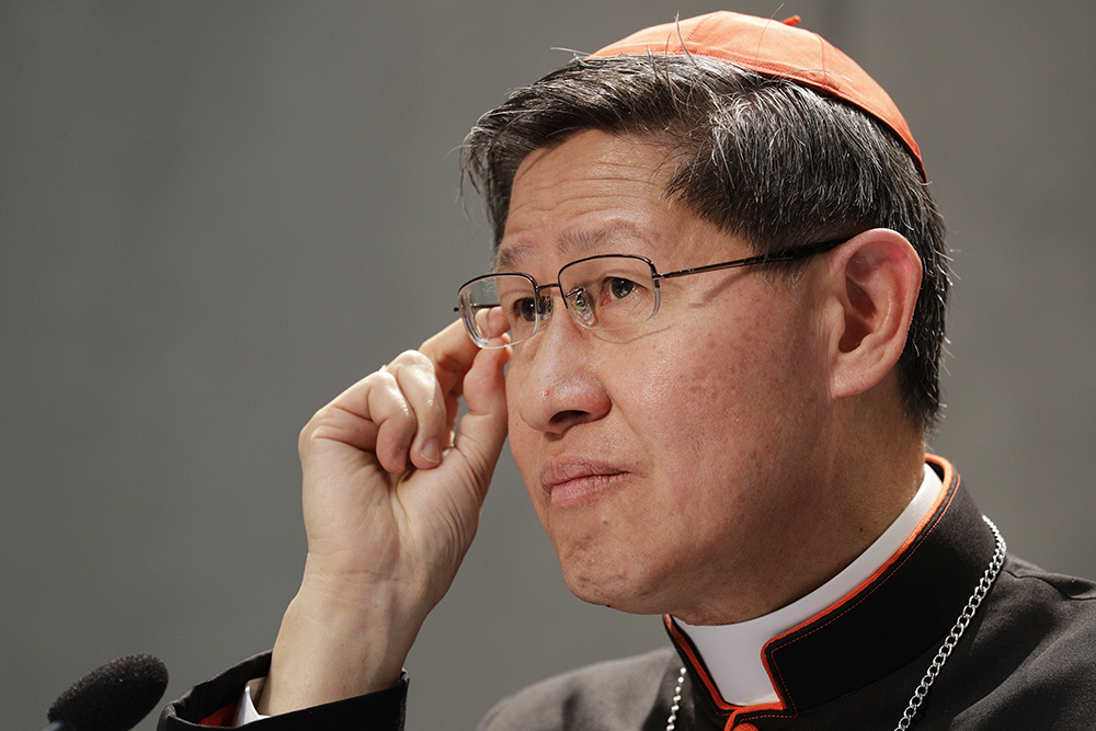 President of Caritas Internationalis Cardinal Luis Antonio Gokim Tagle makes a point during a press conference announcing the launch of a campaign on the plight of migrants to counteract mounting anti-immigrant sentiment in the U.S., Europe and beyond, at the Vatican press center, Wednesday, Sept. 27, 2017. The campaign encourages people to actually meet with migrants and listen to their stories, rather than treat them as statistics clouded by negative stereotypes. (AP Photo/Andrew Medichini)
