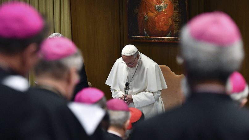 Pope Francis prays during the opening of a sex abuse prevention summit at the Vatican on Feb. 21, 2019. The gathering of church leaders from around the globe took place amid intense scrutiny of the Catholic Church's record after new allegations of abuse and cover-up last year sparked a credibility crisis for the hierarchy. (Vincenzo Pinto/Pool Photo via AP)