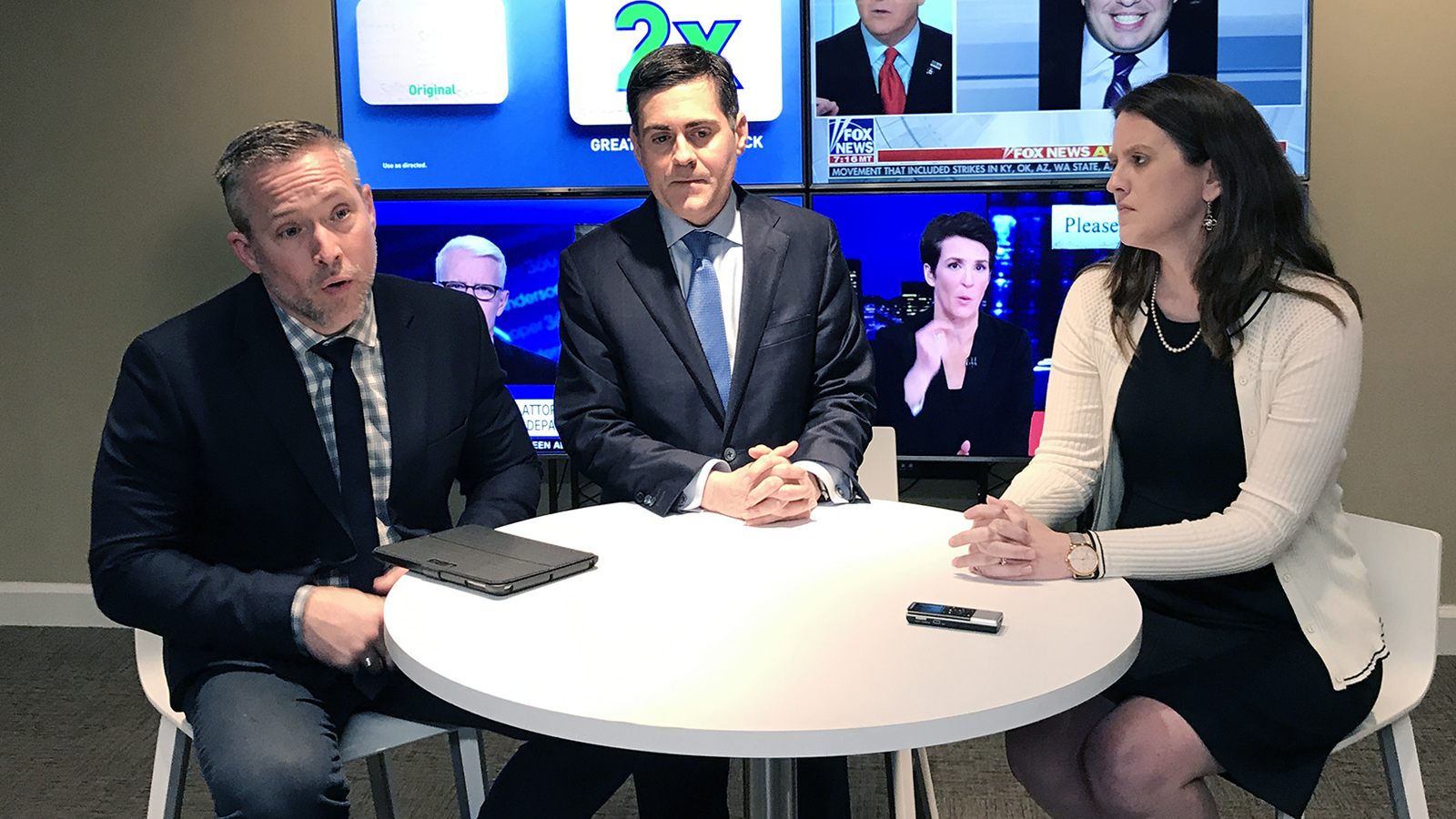 J.D. Greear, from left, Russell Moore, and Amy Whitfield speak with press at the Southern Baptist Convention headquarters in Nashville, Tenn., on Feb. 18, 2019. RNS photo by Bob Smietana