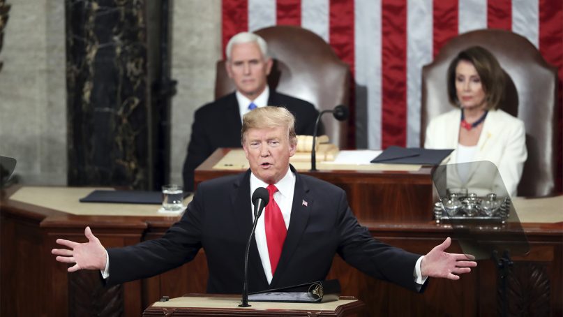 President Trump delivers his State of the Union address to a joint session of Congress on Capitol Hill in Washington, as Vice President Mike Pence and Speaker of the House Nancy Pelosi, D-Calif., watch on Feb. 5, 2019. (AP Photo/Andrew Harnik)