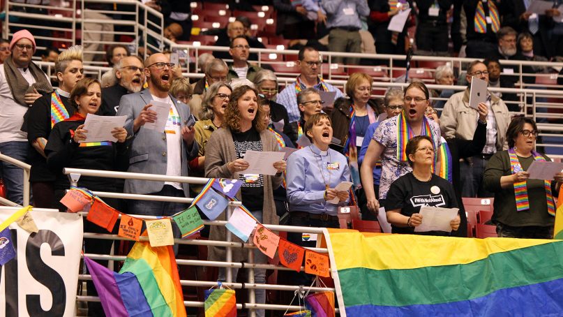 LGBTQ advocates react to the Traditional Plan being adopted at the special session of the UMC General Conference on Feb. 26, 2019, in St. Louis. RNS photo by Kit Doyle