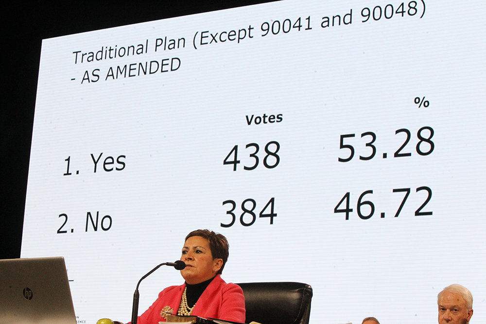 Bishop Cynthia Fierro Harvey announces the results of the Traditional Plan votes late on Feb. 26, 2019. RNS photo by Kit Doyle