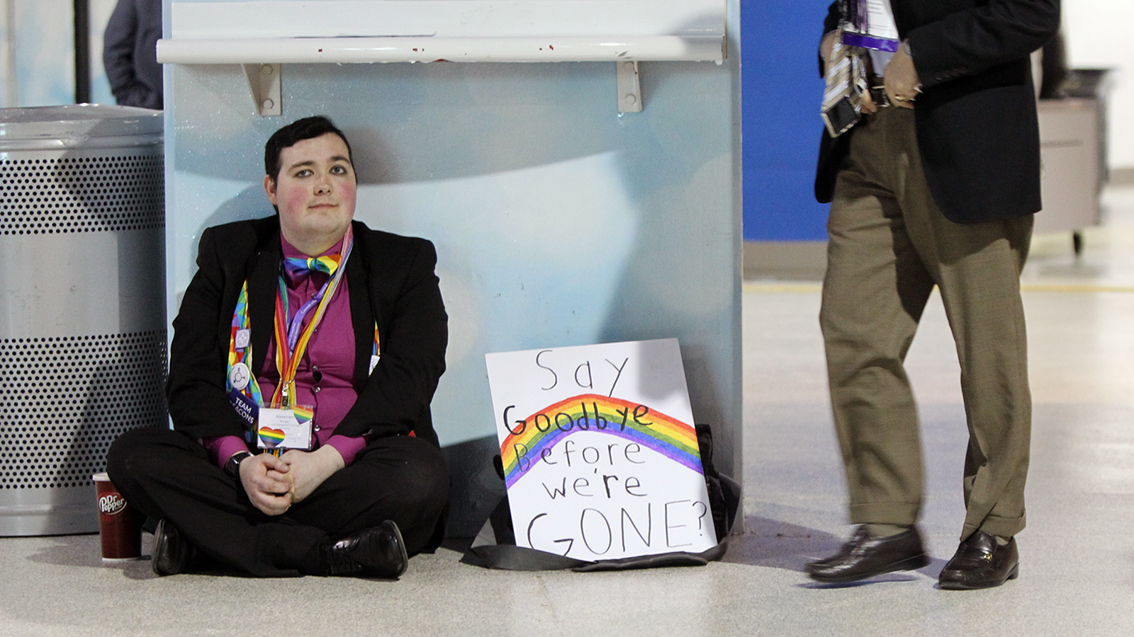 Alexander Dungan, of Garrett-Evangelical Theological Seminary near Chicago, sits near an exit of the America’s Center following a vote to adopt the Traditional Plan at the UMC General Conference in St. Louis, Mo., on Feb. 26, 2019. RNS photo by Kit Doyle