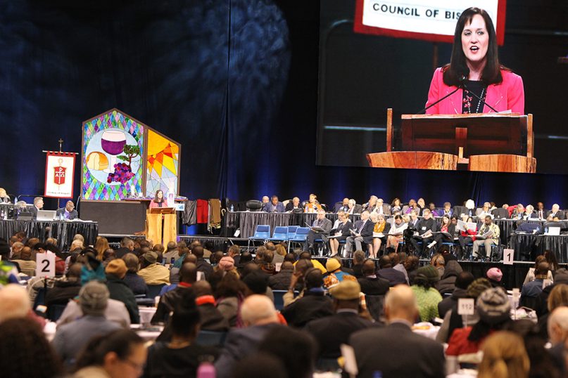 Jessica LaGrone, a member of the Commission on a Way Forward, presents the Traditional Plan during the special session of the United Methodist Church General Conference in St. Louis on Feb. 24, 2019. RNS photo by Kit Doyle
