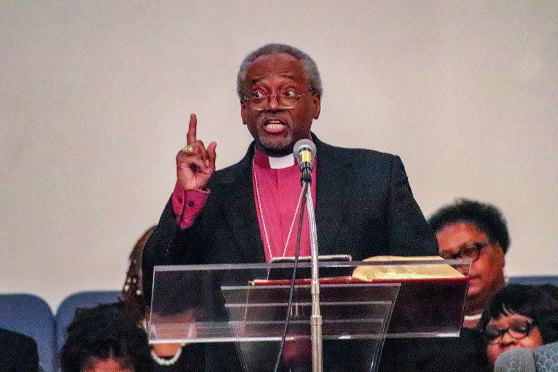 Episcopal Church Presiding Bishop Michael Curry preaches at a revival at Harvest Assembly Baptist Church in Alexandria, Virginia, on March 6, 2019. RNS photo by Adelle M. Banks