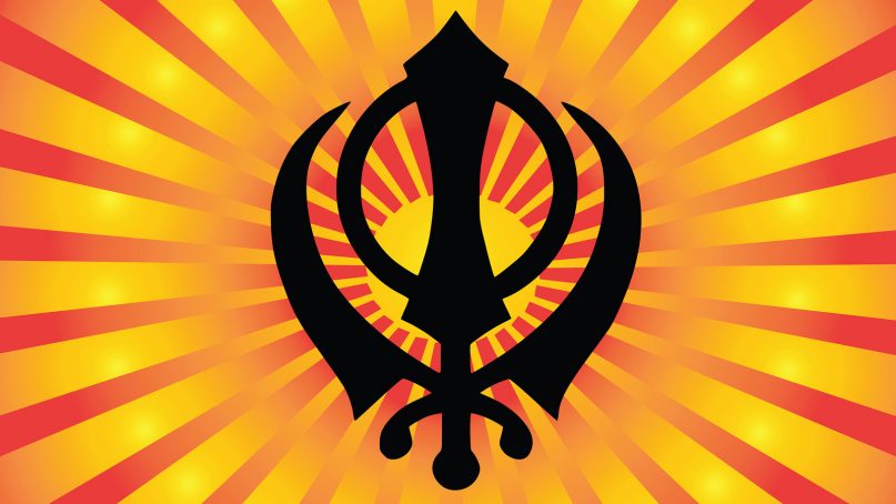 Khanda is the most significant symbol of Sikhism. Red and gold gradient rays.