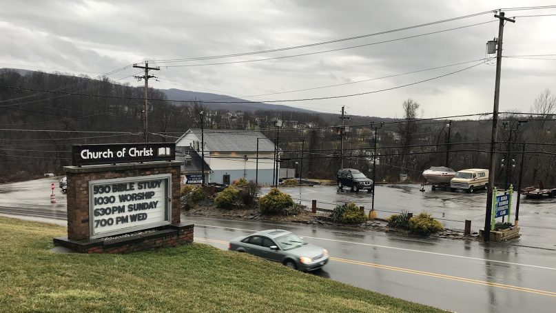 The sign outside the Uniontown Church of Christ in Pennsylvania on a rainy day in February 2019. Photo by Bobby Ross Jr.