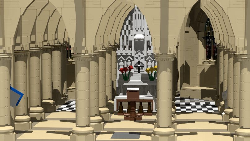 A computer-generated view of the altar area for the new “Let There Be Lego!” project to build a miniature, 13-foot-long scale model of the Washington National Cathedral out of 400,000 Lego bricks. Image courtesy of Washington National Cathedral