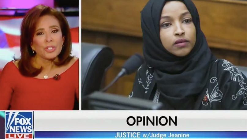 Fox News host Jeanine Pirro, left, made controversial comments about Rep. Ilhan Omar. Screenshot via Fox News