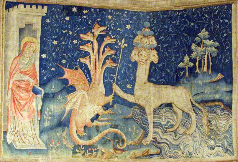 The Tapestry of the Apocalypse, in Angers, France, includes a detail that shows John, from left, the Dragon, and the Beast of the Sea from the book of Revelations. Image courtesy of Creative Commons
