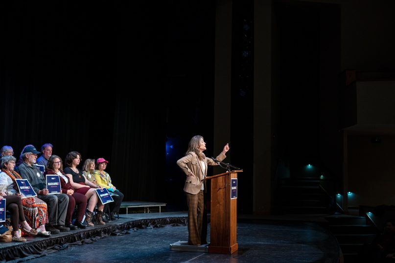 Marianne Williamson campaigns for president at the Sondheim Center in Fairfield, Iowa on April 10, 2019. RNS photo by KC McGinnis