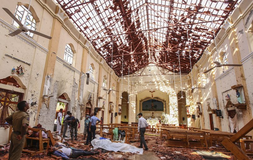 Dead bodies of victims lie inside St. Sebastian's Church damaged in blast in Negombo, north of Colombo, Sri Lanka, on April 21, 2019. More than a hundred were killed and hundreds more hospitalized with injuries from eight blasts that rocked churches and hotels in and just outside of Sri Lanka's capital on Easter Sunday, officials said. It was the worst violence to hit the South Asian country since its civil war ended a decade ago. (AP Photo/Chamila Karunarathne)