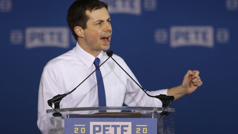 Pete Buttigieg announces that he will seek the Democratic presidential nomination during a rally in South Bend, Ind., on April 14, 2019. Buttigieg, 37, is serving his second term as the mayor of South Bend. (AP Photo/Michael Conroy)