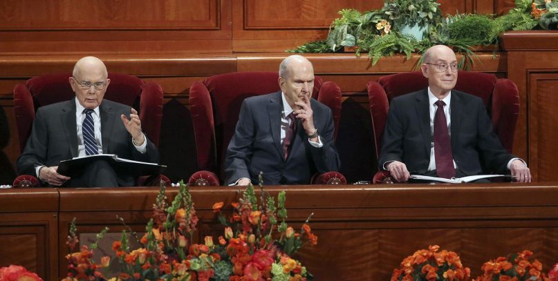 President Russell M. Nelson, center, sits with his counselors, Dallin H. Oaks, left, and Henry B. Eyring, right, during the The Church of Jesus Christ of Latter-day Saints conference April 6, 2019, in Salt Lake City. (AP Photo/Rick Bowmer)