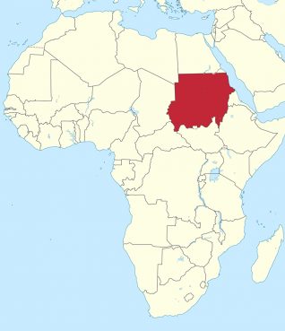 Sudan, red, in northeast Africa. Map courtesy of Creative Commons