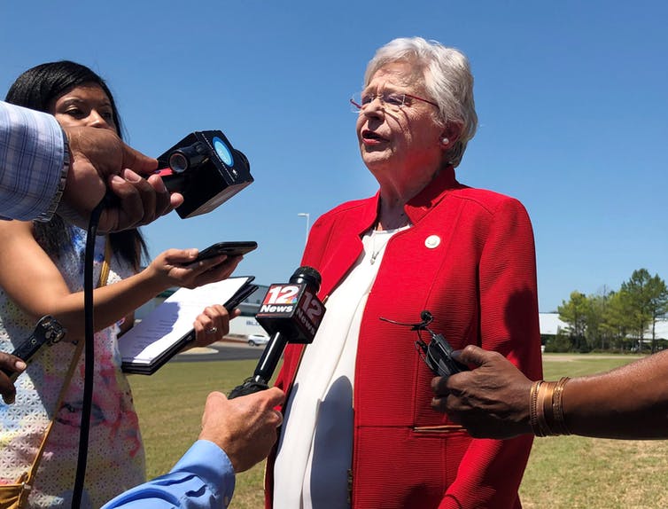 Alabama Gov. Kay Ivey discusses a bill that would virtually outlaw abortion in the state.AP Photo/Blake Paterson
