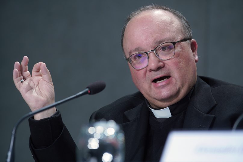 Malta’s Archbishop Charles Scicluna talks to journalists at the Vatican’s press room in Rome on May 9, 2019. (AP Photo/Andrew Medichini)
