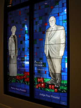 Paul Pressler, right, in a stained glass window that was removed from Southwestern Baptist Theological Seminary. (Photo courtesy of Don Young Glass Studio)