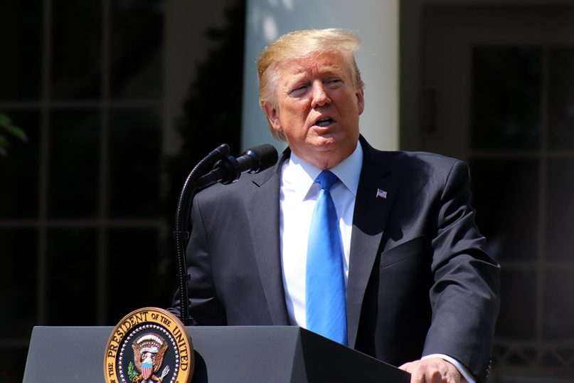 President Trump speaks a National Day of Prayer event in the White House Rose Garden on May 2, 2019, in Washington. RNS photo by Adelle M. Banks