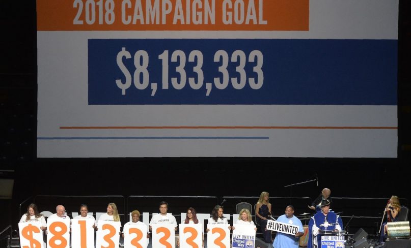 Campaign chair Larry Silbermann announced a goal of $8,133,333 at the United Way of the Coastal Empire 2018 Campaign Kick-Off Thursday at the Civic Center. (Steve Bisson/Savannah Morning News via AP)