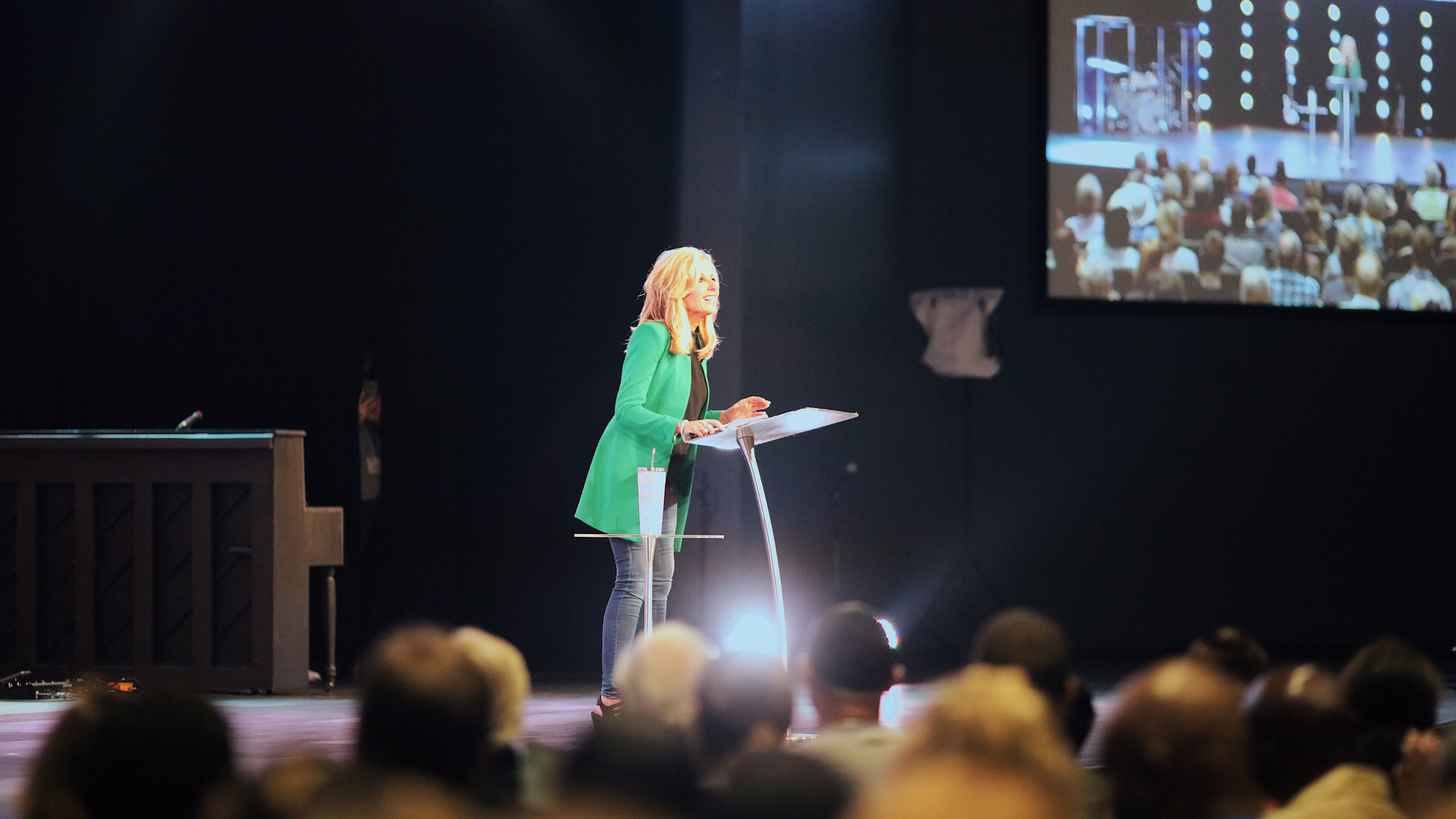 Beth Moore speaks at Transformation Church, a nondenominational multiethnic evangelical megachurch near Charlotte, N.C., on Sunday, June 2, 2019. Photo courtesy of Transformation Church
