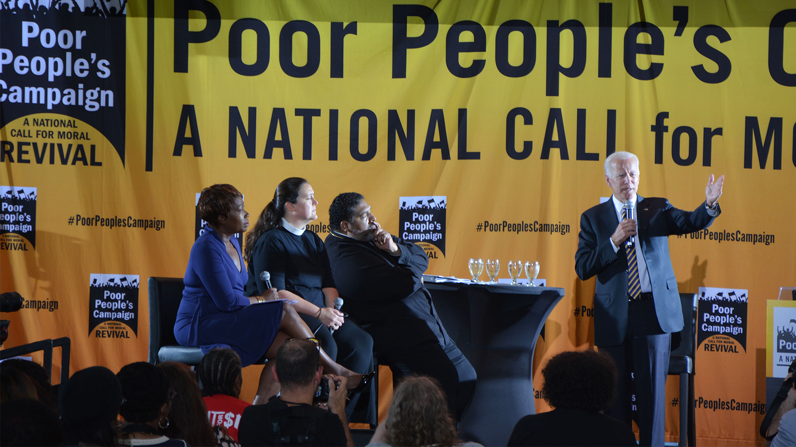 Presidential candidate Joe Biden, right, addresses a Poor People’s Campaign meeting at Trinity Washington University in Washington, D.C., on June 17, 2019. RNS photo by Jack Jenkins