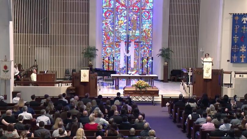 People attend the funeral of Rachel Held Evans at First Centenary United Methodist Church in Chattanooga, Tenn., on June 1, 2019. Video screenshot