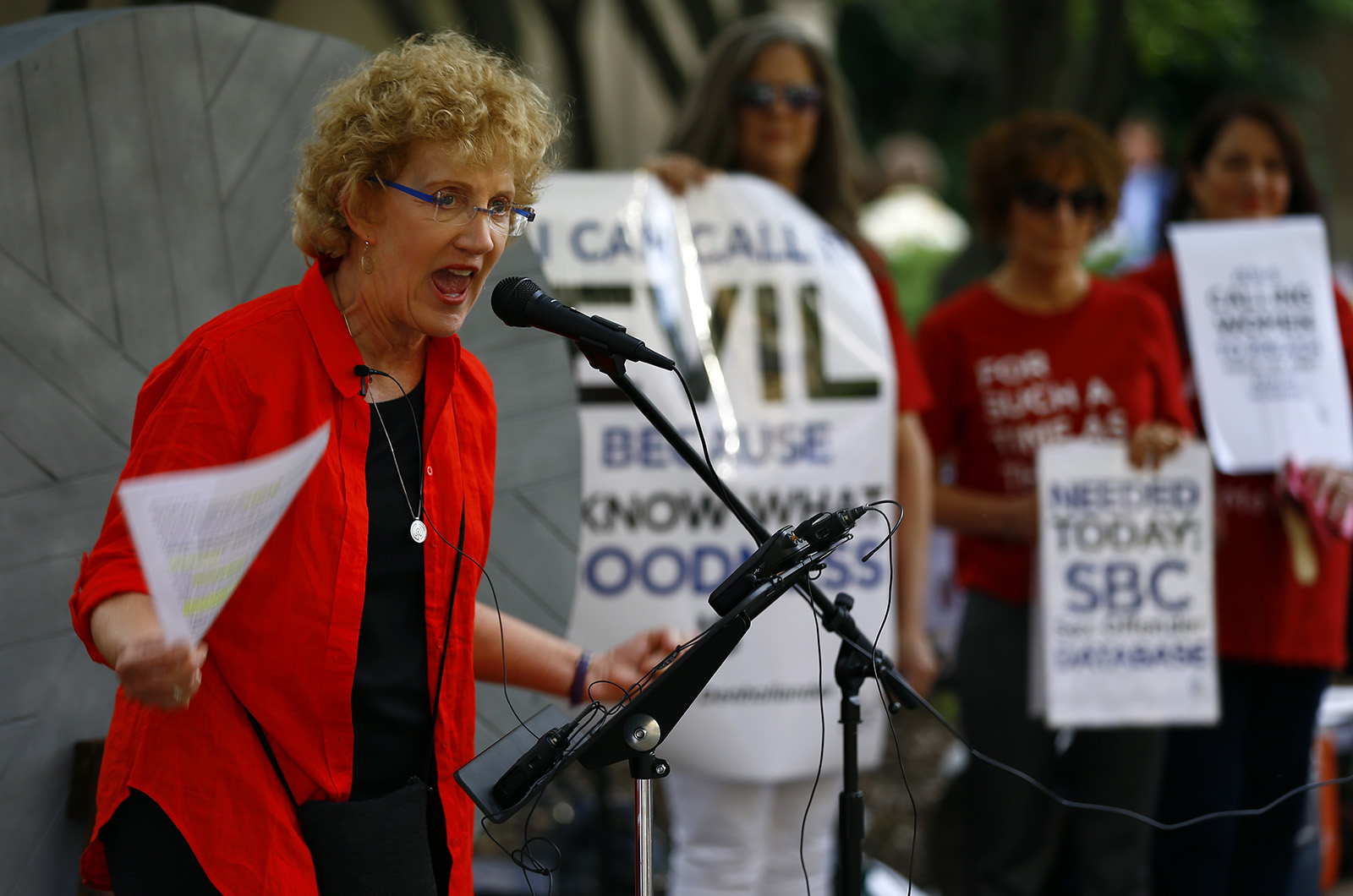 Christa Brown talks about her abuse at a rally outside the annual meeting of the Southern Baptist Convention at the Birmingham-Jefferson Convention Complex, June 11, 2019, in Birmingham, Alabama. RNS photo by Butch Dill
