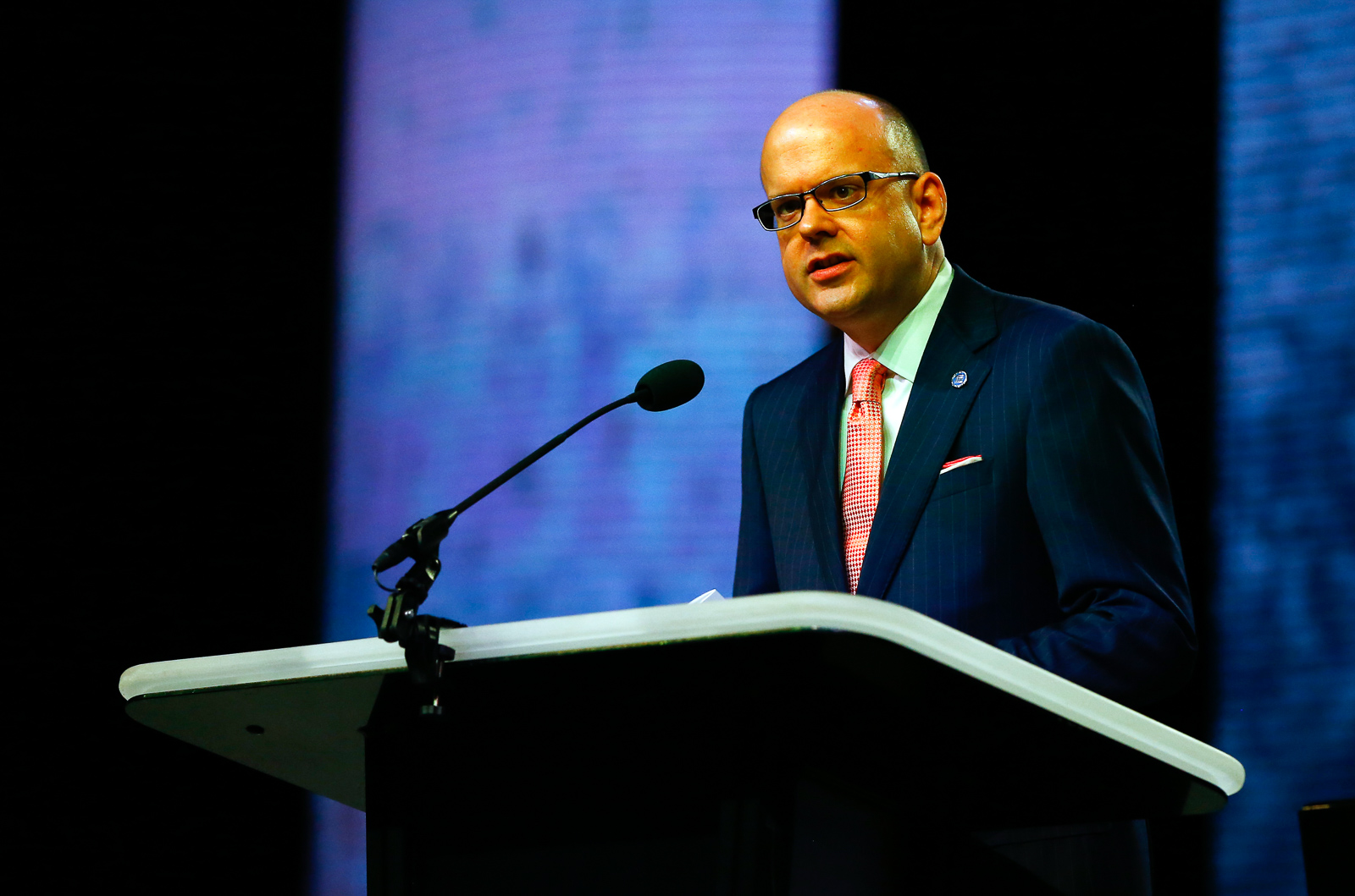Adam Greenway addresses the annual meeting of the Southern Baptist Convention at the Birmingham-Jefferson Convention Complex on June 12, 2019, in Birmingham, Alabama. RNS photo by Butch Dill