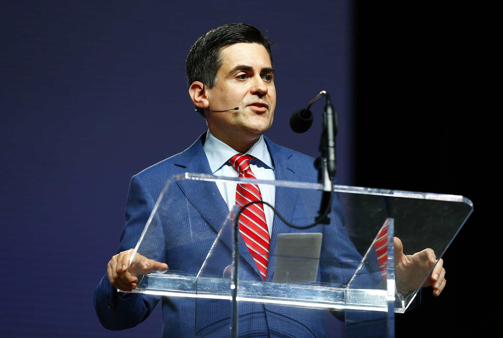 Russell Moore, president of the Southern Baptist Convention’s Ethics and Religious Liberty Commission, speaks June 12, 2019, during the annual meeting of the Southern Baptist Convention at the Birmingham-Jefferson Convention Complex in Birmingham, Alabama. RNS photo by Butch Dill