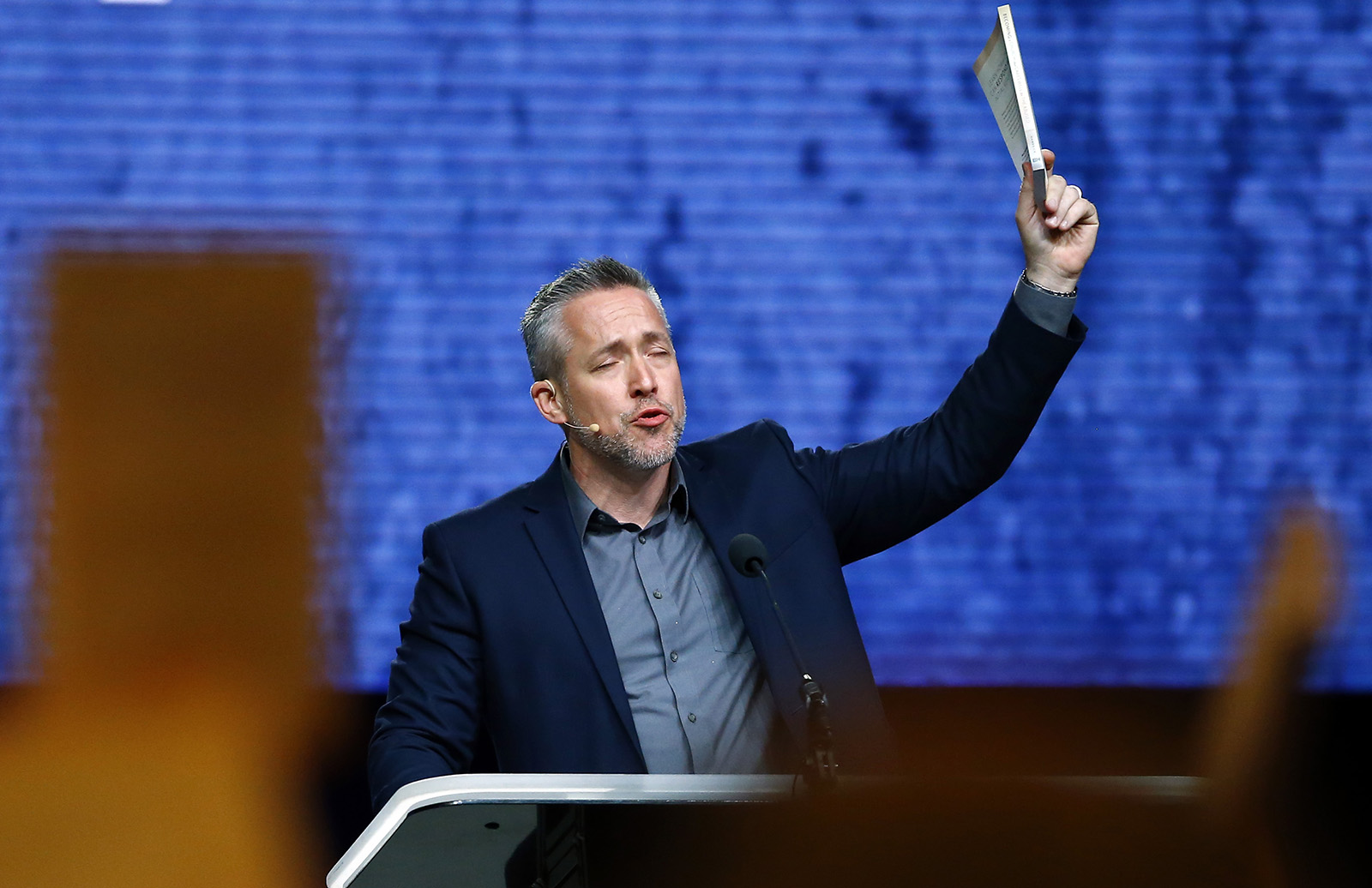 SBC President J.D. Greear offers a prayer to the church for healing from sexual abuse during the annual meeting of the Southern Baptist Convention at the BJCC, June 12, 2019 in Birmingham, Ala. RNS photo by Butch Dill.
