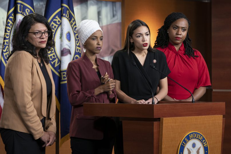 From left, Rep. Rashida Tlaib, D-Mich., Rep. Ilhan Omar, D-Minn., Rep. Alexandria Ocasio-Cortez, D-N.Y., and Rep. Ayanna Pressley, D-Mass., respond to remarks by President Donald Trump after his call for the four Democratic congresswomen to go back to their 