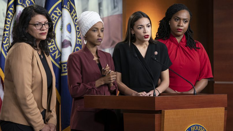 From left, Rep. Rashida Tlaib, D-Michigan; Rep. Ilhan Omar, D-Minnesota; Rep. Alexandria Ocasio-Cortez, D-New York.; and Rep. Ayanna Pressley, D-Massachusetts, respond to remarks by President Donald Trump after his call for the four congresswomen to go back to their 