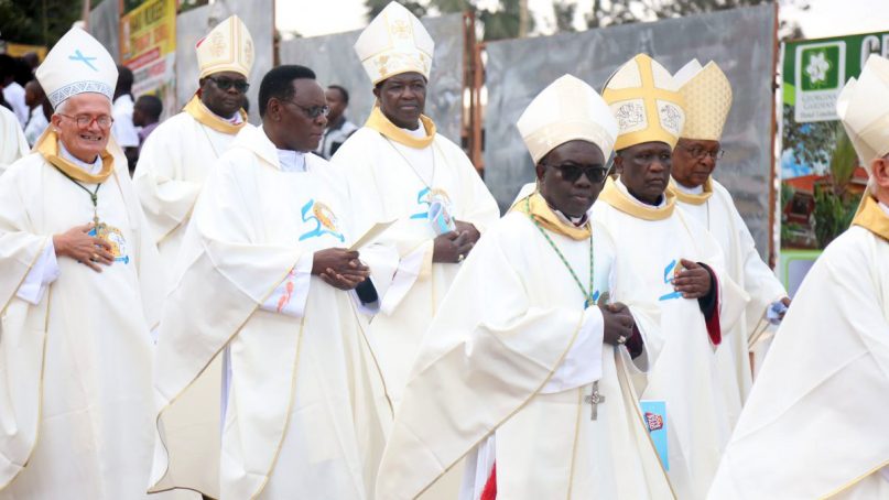 Clergy wear commemorative vestments during the opening ceremony of the 18th Plenary Assembly and Golden Jubilee celebrations of the Symposium of Episcopal Conferences of Africa and Madagascar on July 21, 2019, in Kampala, Uganda. Photo courtesy of SECAM