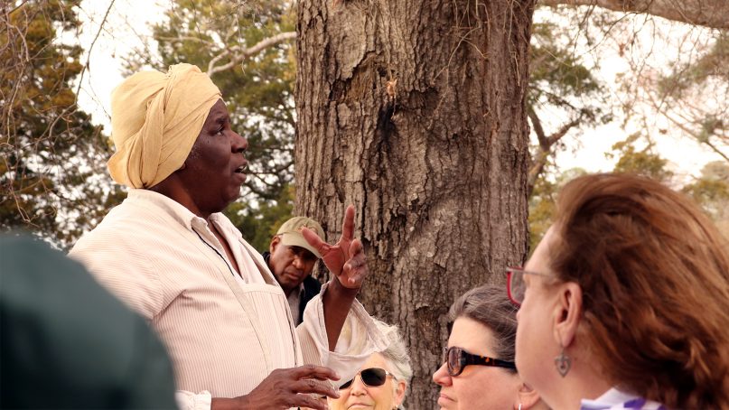 Interpreter Valarie Holmes portrays Angela, one of the first enslaved Africans to arrive in Virginia, at Historic Jamestowne on March 30, 2019. RNS photo by Adelle M. Banks