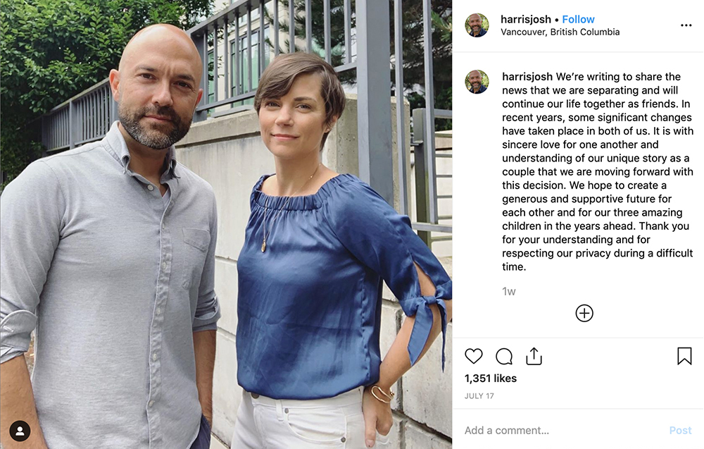 Joshua Harris and Shannon Bonne publicly announced their separation via social media. Photo via Instagram