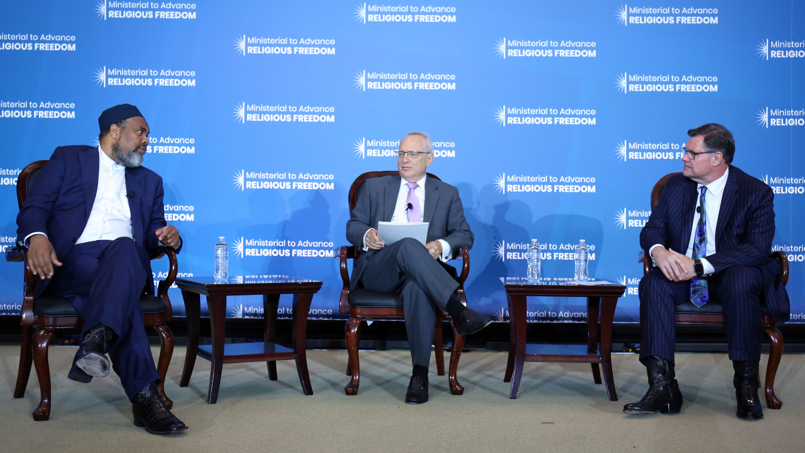 Imam Mohamed Magid, left, Rabbi David Saperstein, and minister Bob Roberts participate in a panel discussion on Different Faiths Advancing Religious Freedom Together at the Ministerial to Advance Religious Freedom at the U.S. Department of State in Washington, D.C., on July 17, 2019. State Department photo/ Public Domain