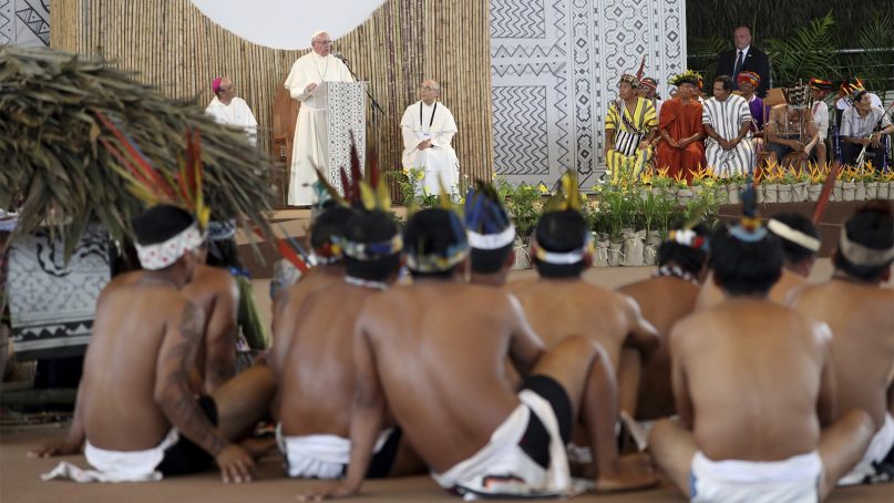 Pope Francis speaks to indigenous groups in Puerto Maldonado, Peru, on Jan. 19, 2018. Standing with thousands of indigenous Peruvians, Francis declared the Amazon the 