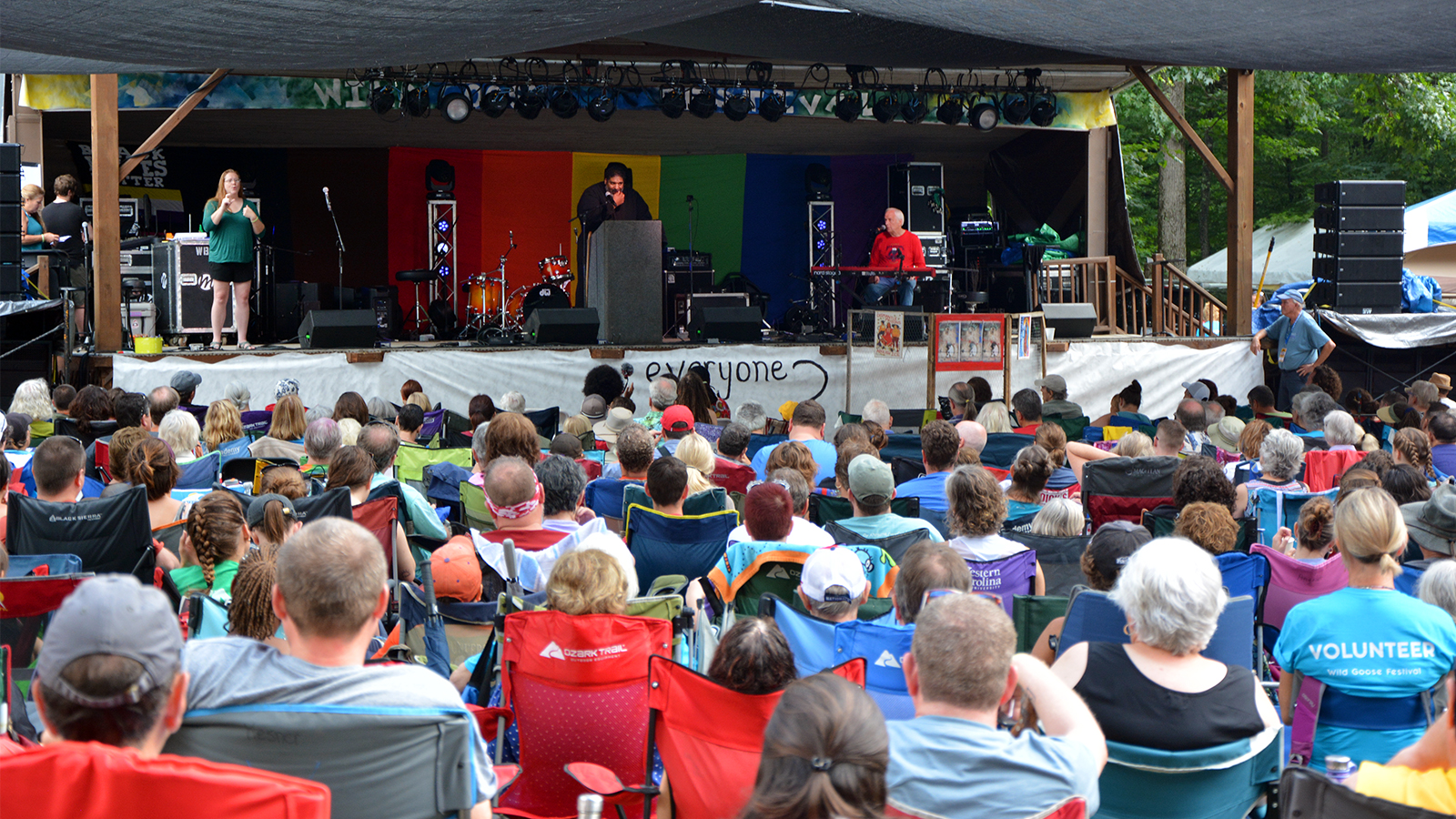 The Rev. William Barber, top center, addresses attendees at the Wild Goose Festival in Hot Springs, N.C., on July 13, 2019. RNS photo by Jack Jenkins