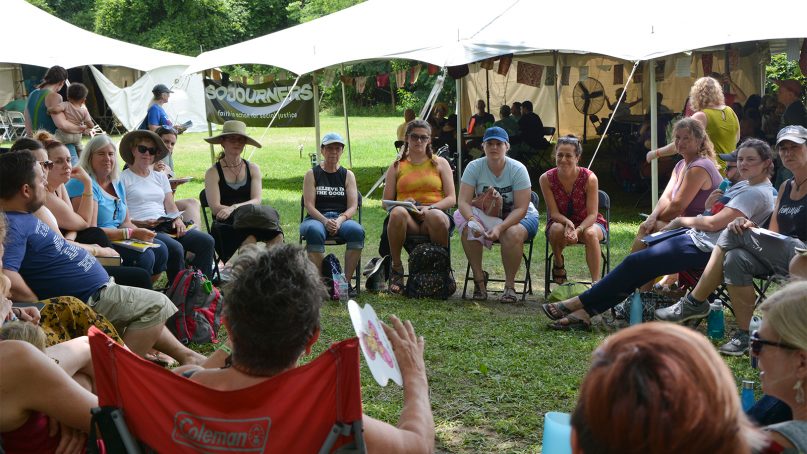 A breakout session meets during the Wild Goose Festival in Hot Springs, N.C., on July 13, 2019. RNS photo by Jack Jenkins