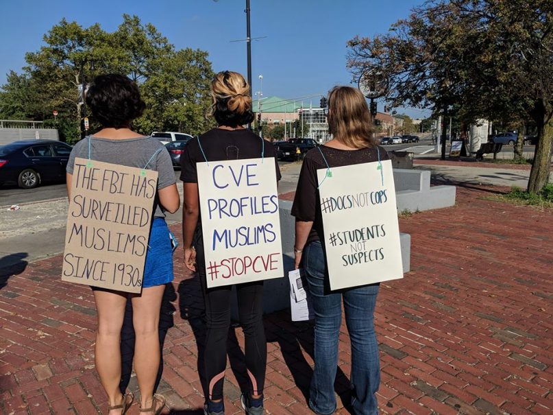 Protesters with the Muslim Justice League canvass against Countering Violent Extremism in Boston's Roxbury neighborhood on Sept. 15, 2018. Photo courtesy Muslim Justice League