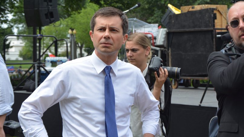 Indiana Mayor Pete Buttigieg stands at a protest hosted by the Poor People's Campaign outside the White House in Washington, D.C. RNS photo by Jack Jenkins