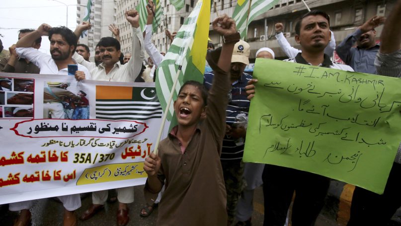 Supporters of a religious group Anjum-e-Tulba Islam chant anti India slogans during a demonstration to condemn India and its decisions on Kashmir, in Karachi, Pakistan, Saturday, Aug. 10, 2019. Pakistan says that with the support of China, it will take up India's unilateral actions in the disputed region of Kashmir with the U.N. Security Council and may approach the U.N. Human Rights Commission over what it says is the 