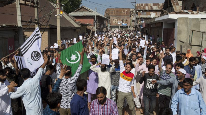 Kashmiri Muslims shout slogans during a protest after Eid prayers during a security lockdown in Srinagar, Indian-controlled Kashmir, on Aug. 12, 2019. Hundreds of worshippers gathered after the prayers and chanted 
