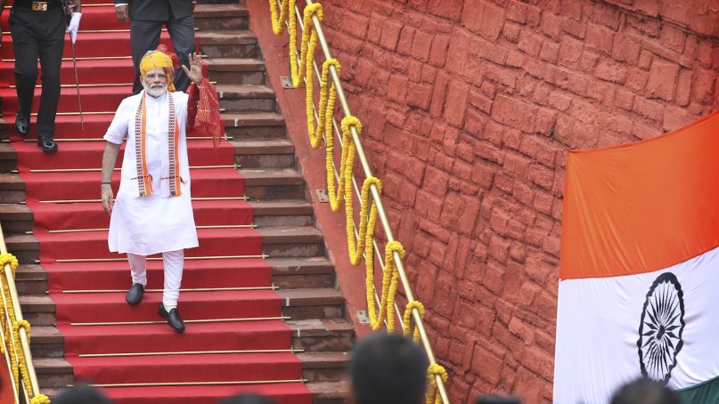 Indian Prime Minister Narendra Modi waves as he leaves after addressing the nation on the country's Independence Day from the ramparts of the historical Red Fort in New Delhi, India, Thursday, Aug. 15, 2019. Modi said that stripping the disputed Kashmir region of its statehood and special constitutional provisions has helped unify the country. Modi gave the annual Independence Day address from the historic Red Fort in New Delhi as an unprecedented security lockdown kept people in Indian-administered Kashmir indoors for an eleventh day. (AP Photo/Manish Swarup)
